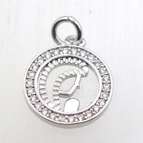 copper circle pendant pave zircon, platinum plated