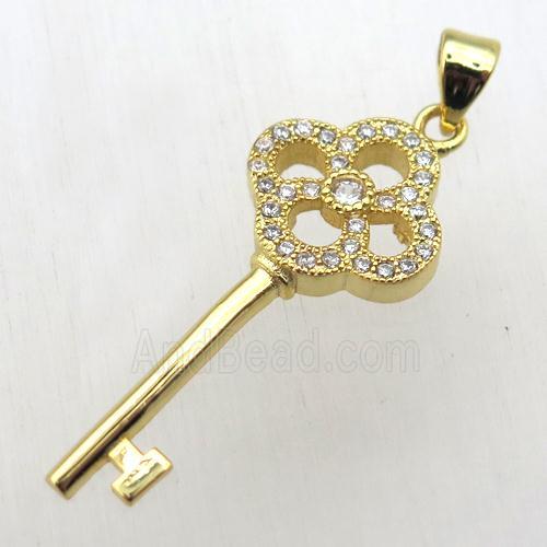 copper key charm pendant pave zircon, gold plated