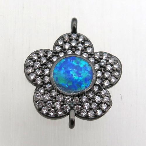 copper flower connector pave zircon with fire opal, black plated