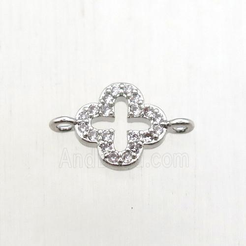 copper clover connector pave zircon, platinum plated