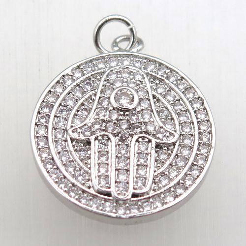 copper hamsahand pendant pave zircon, platinum plated
