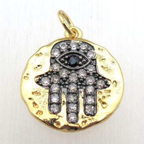 copper hamsahand pendant pave zircon, gold plated