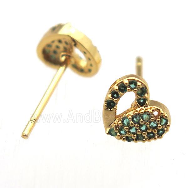 copper stud Earrings pave zircon, heart, gold plated
