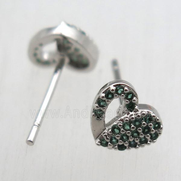 copper stud Earrings pave zircon, heart, platinum plated
