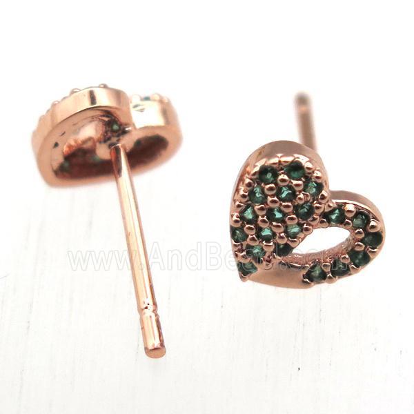 copper stud Earrings pave zircon, heart, rose gold