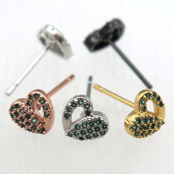 copper stud Earrings pave zircon, heart, mixed color