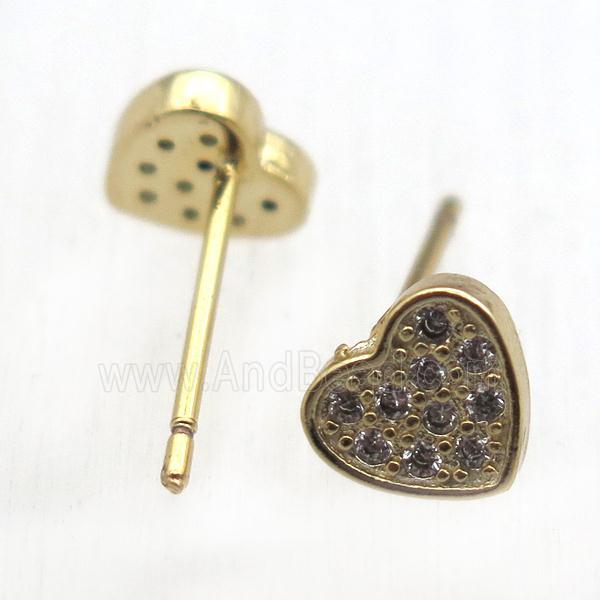 copper stud Earrings pave zircon, heart, gold plated