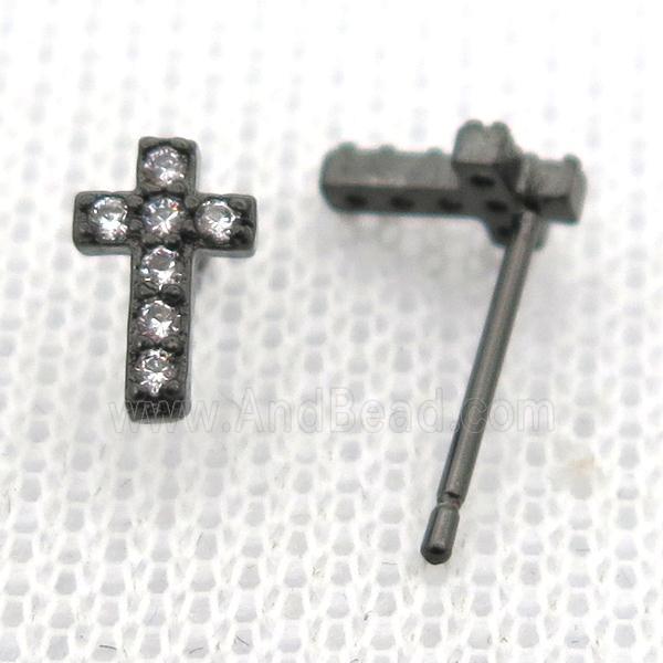 copper stud Earrings pave zircon, cross, black plated