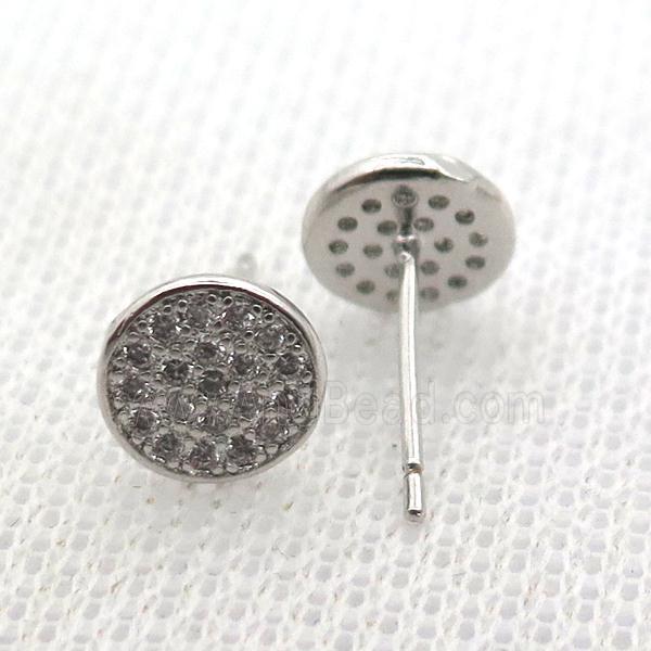 copper stud Earrings pave zircon, circle, platinum plated