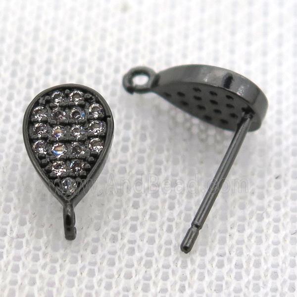 copper stud Earrings pave zircon, teardrop, black plated