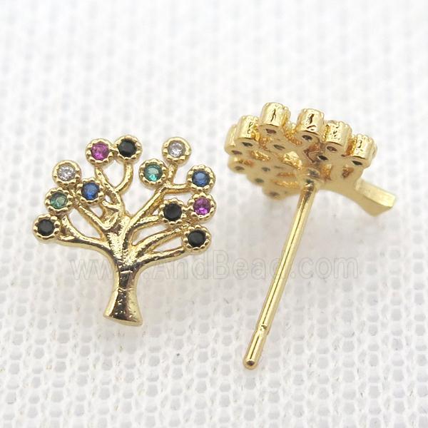 copper stud Earrings pave zircon, tree of life, gold plated