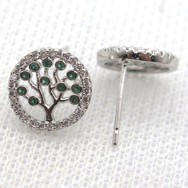 copper stud Earrings pave zircon, tree of life, platinum plated