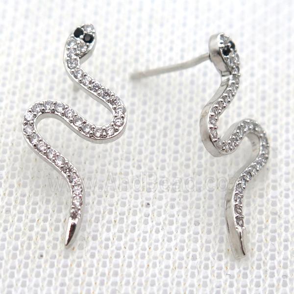 copper stud Earrings pave zircon, snake, platinum plated