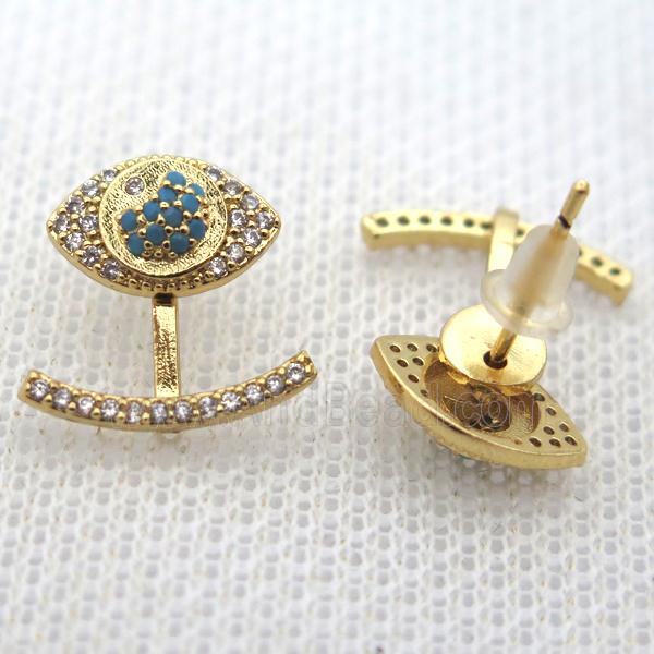 copper earring studs pave zircon, eye, gold plated