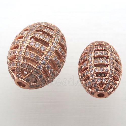 copper barrel beads pave zircon, hollow, rose gold