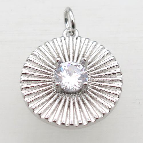 copper circle pendant pave zircon, platinum plated