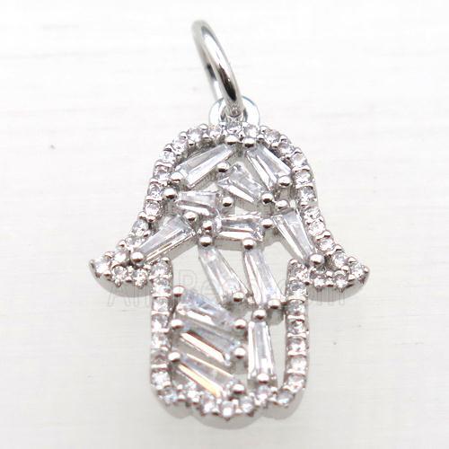 copper hamsahand pendant pave zircon, platinum plated