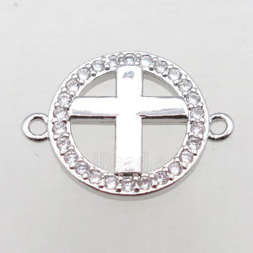 copper circle cross connector pave zircon, platinum plated