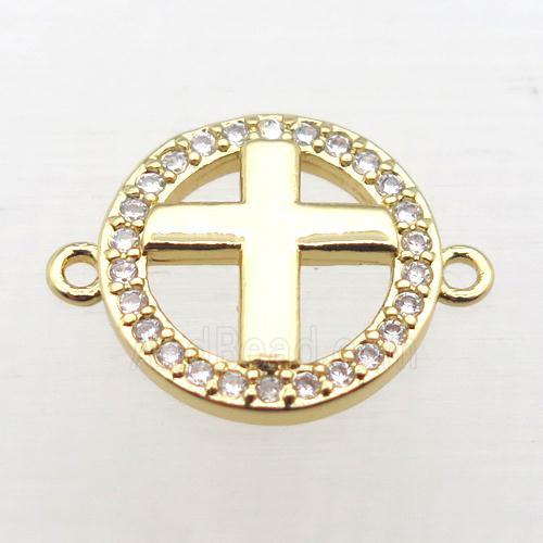 copper circle cross connector pave zircon, gold plated