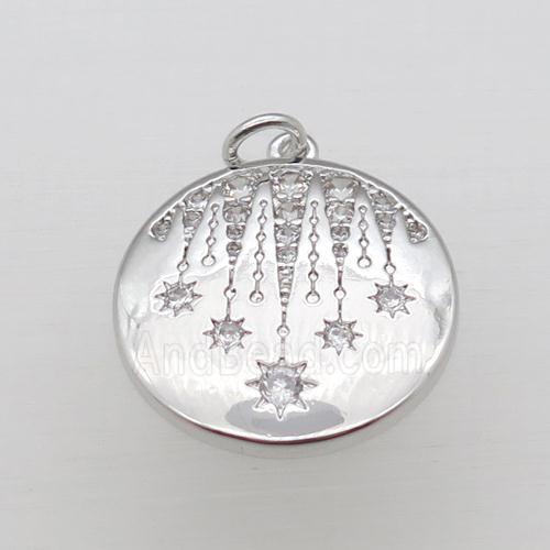 copper circle pendant pave zircon, platinum plated