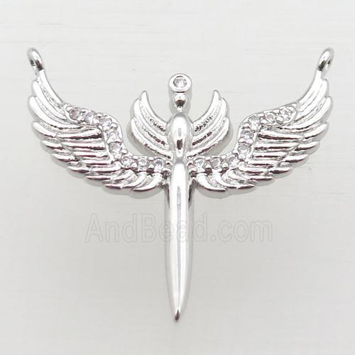 copper pendant pave zircon with 2loops, angel wing, platinum plated