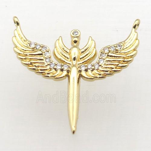 copper pendant pave zircon, angel wing, gold plated