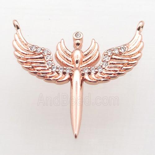copper pendant pave zircon, angel wing, rose gold