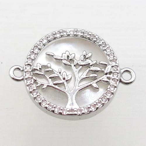 copper circle pave zircon, tree of life, platinum plated