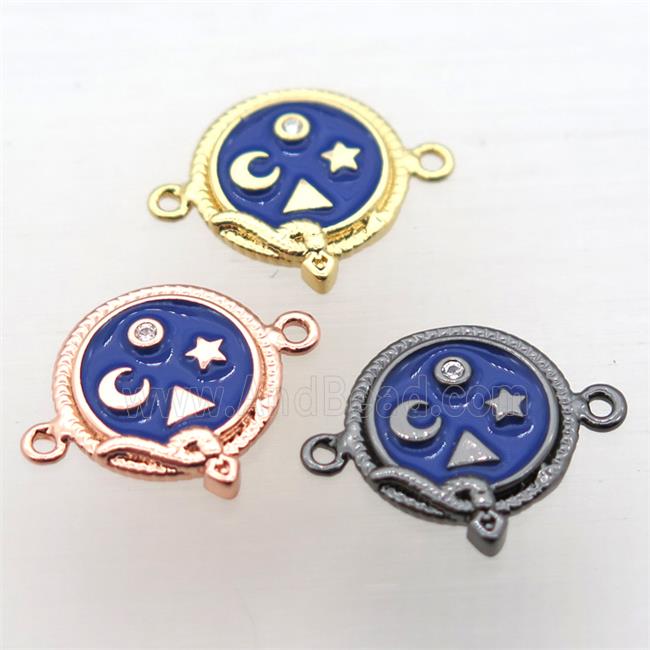 copper circle connector pave zircon with blue enameling, mixed color