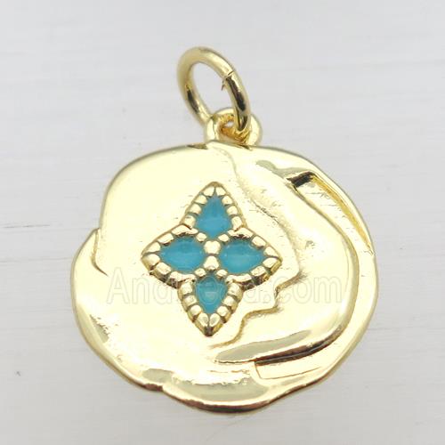 copper circle pendant with enameling, gold plated