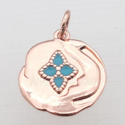 copper circle pendant with enameling, rose gold