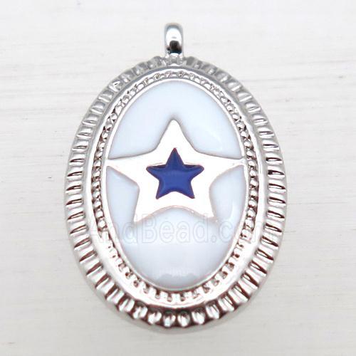 copper oval pendant with star enameling, platinum plated