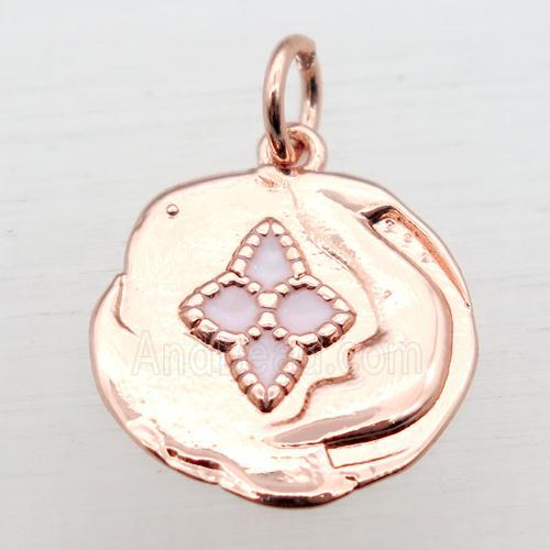 copper circle pendant with enameling, rose gold