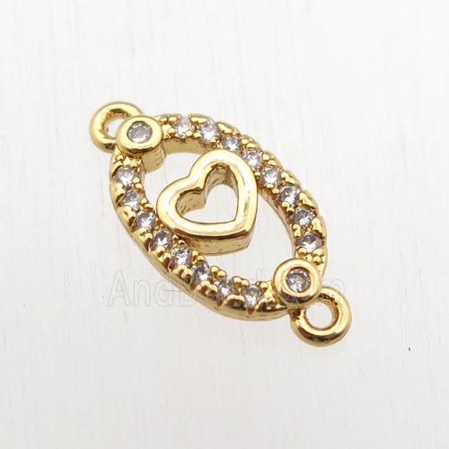 copper heart connector paved zircon, gold plated