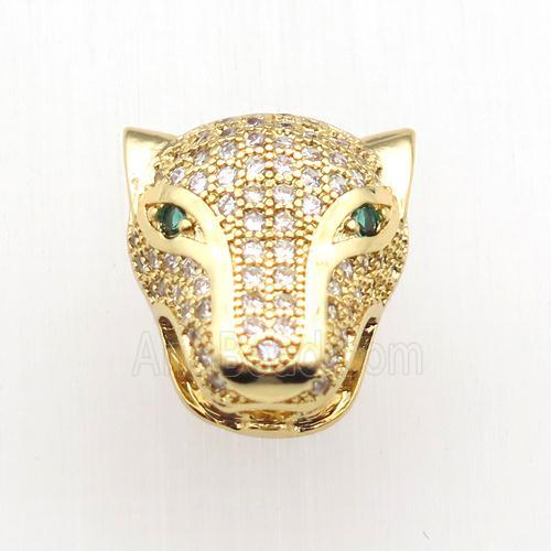 copper leopardhead beads paved zircon, gold plated