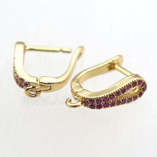 copper Latchback Earrings paved zircon with loop, gold plated