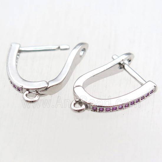 copper Latchback Earrings paved zircon with loop, platinum plated