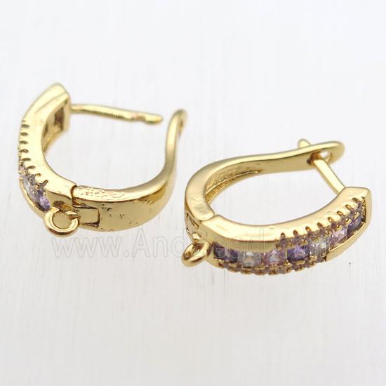 copper Latchback Earrings paved zircon with loop, gold plated