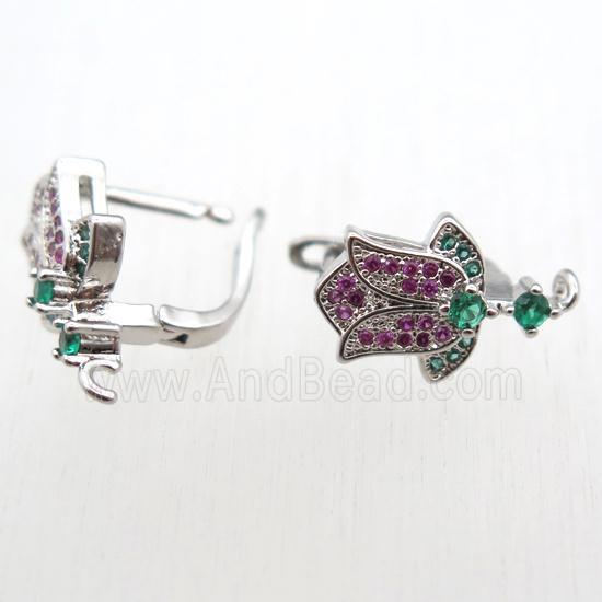 copper Latchback Earrings paved zircon with loop, platinum plated