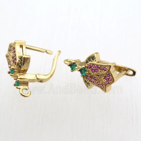 copper Latchback Earrings paved zircon with loop, gold plated