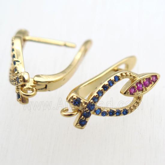 copper Latchback Earrings paved zircon with loop, gold plated