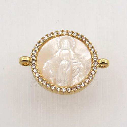 copper circle connector pave zircon with shell Jesu, gold plated