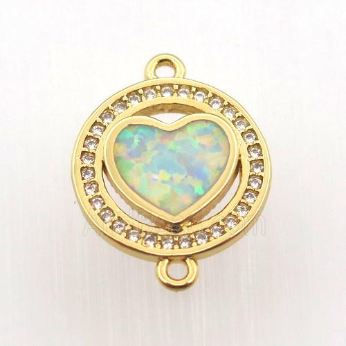 copper circle connector pave zircon with fire opal heart, gold plated