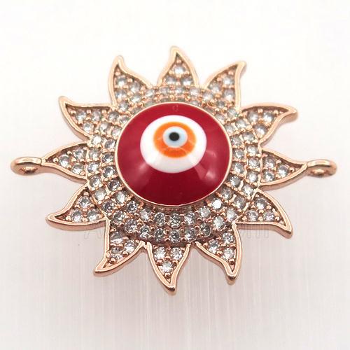 copper sun connector pave zircon with evil eye, rose gold