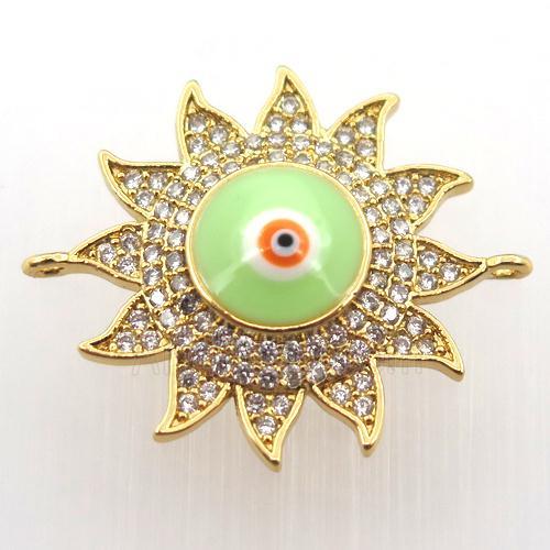copper sun connector pave zircon with evil eye, gold plated