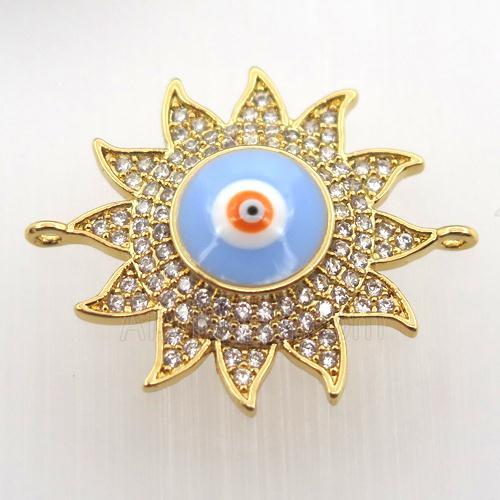 copper sun connector pave zircon with evil eye, gold plated