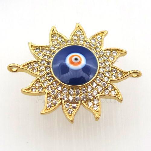 copper sun connector pave zircon with evil eye, gold plated