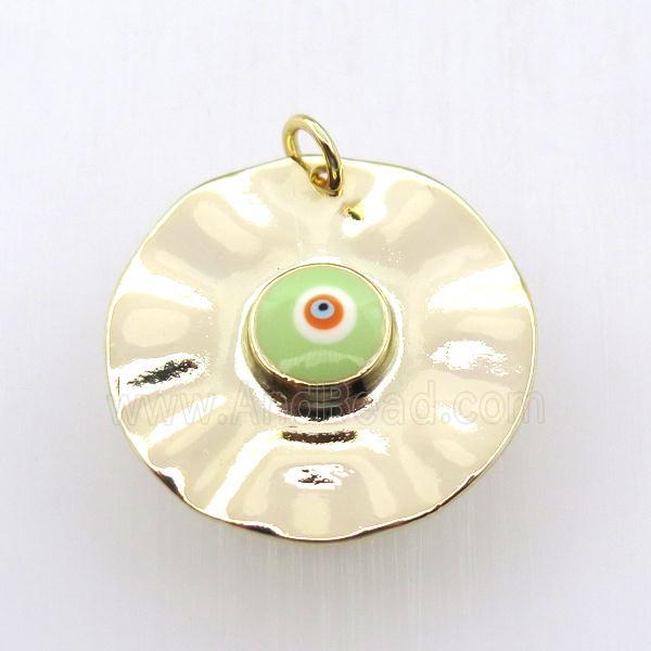 copper circle pendant with green evil eye, gold plated