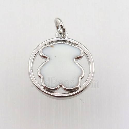 copper circle pendant with white enameling bear, platinum plated