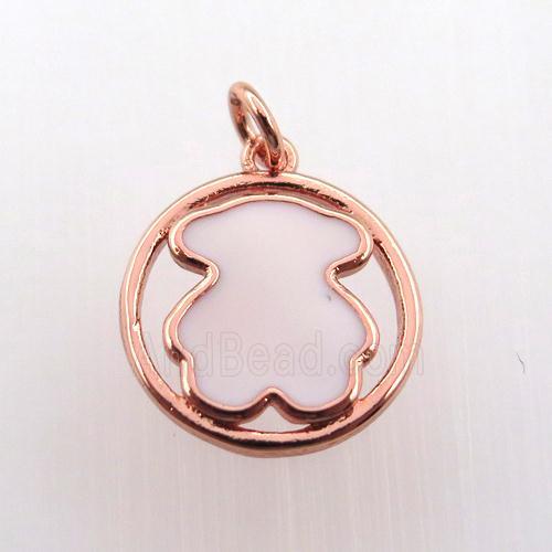 copper circle pendant with white enameling bear, rose gold